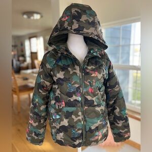 Zara Girls Green Camo Bird Print Puffer Jacket